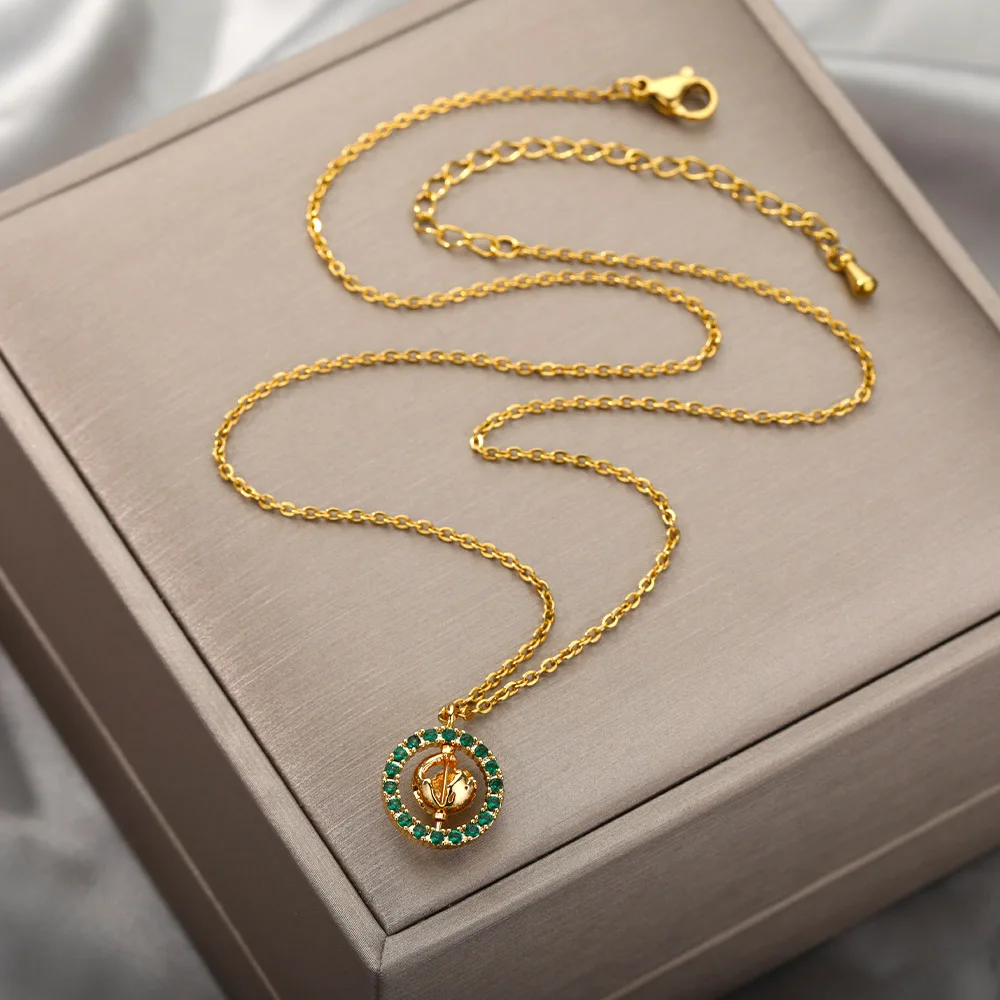 Green Zircon Rotatable Globe Bead Pendant Necklace for Women Men Stainless Steel Gold Chain Goth Aesthetic Choker Jewelry Gifts | Украшения