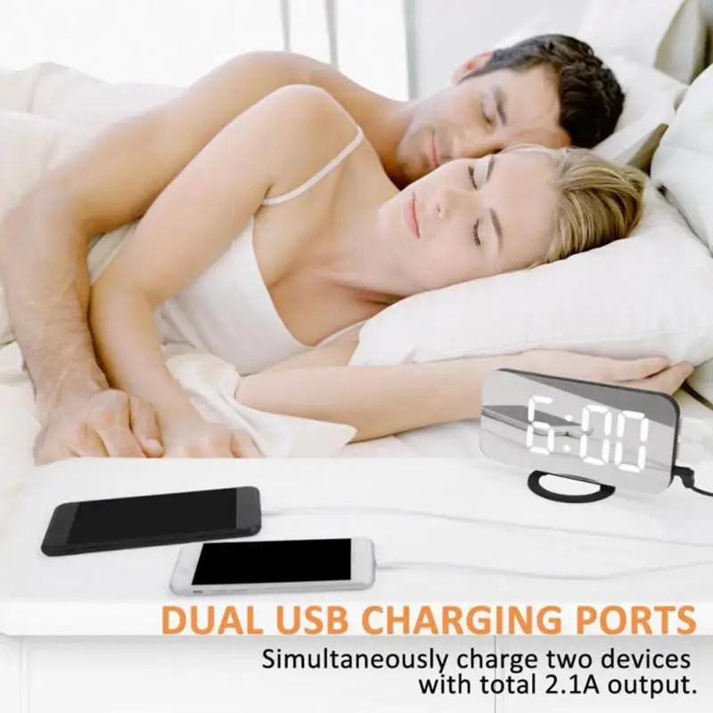 

1PC Digital LED Alarm Clock Mirror Clock Snooze Display 2 Desk USB Ports Phone Led For cellphone Charge Time Androd Night T F1Y5