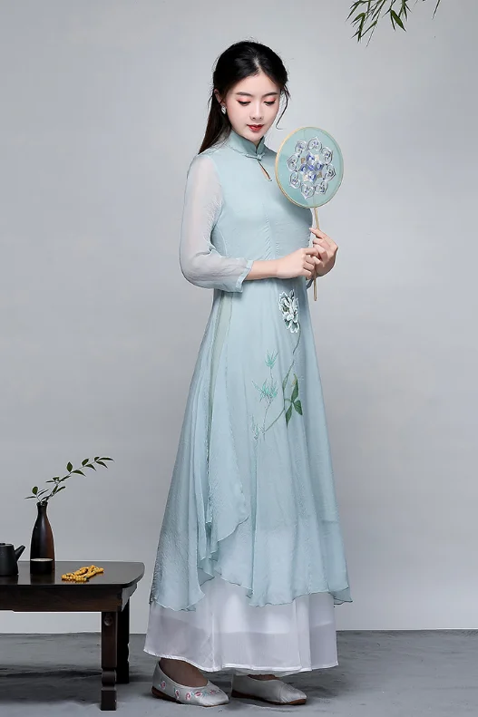 Вьетнамское стильное платье, вьетнамское традиционное платье aodai, имитация двух частей, кружевное платье cheongsam, халат chinoise ao dai