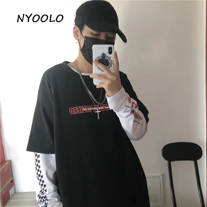 NYOOLO Harajuku винтажный с буквенным принтом фальшивый из двух частей клетчатый лоскутный Топ Осенняя уличная одежда с длинным рукавом Футболка женская мужская одежда
