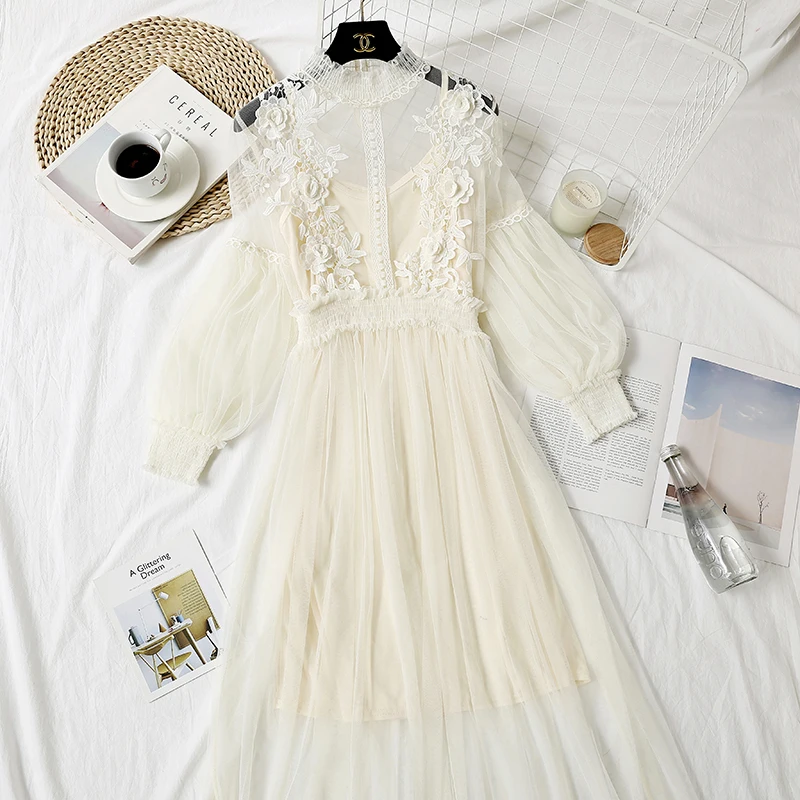 

Long Sleeve Party Dresses Women Solid Sweet Mesh Mid-Calf Female Summer Lace Dress