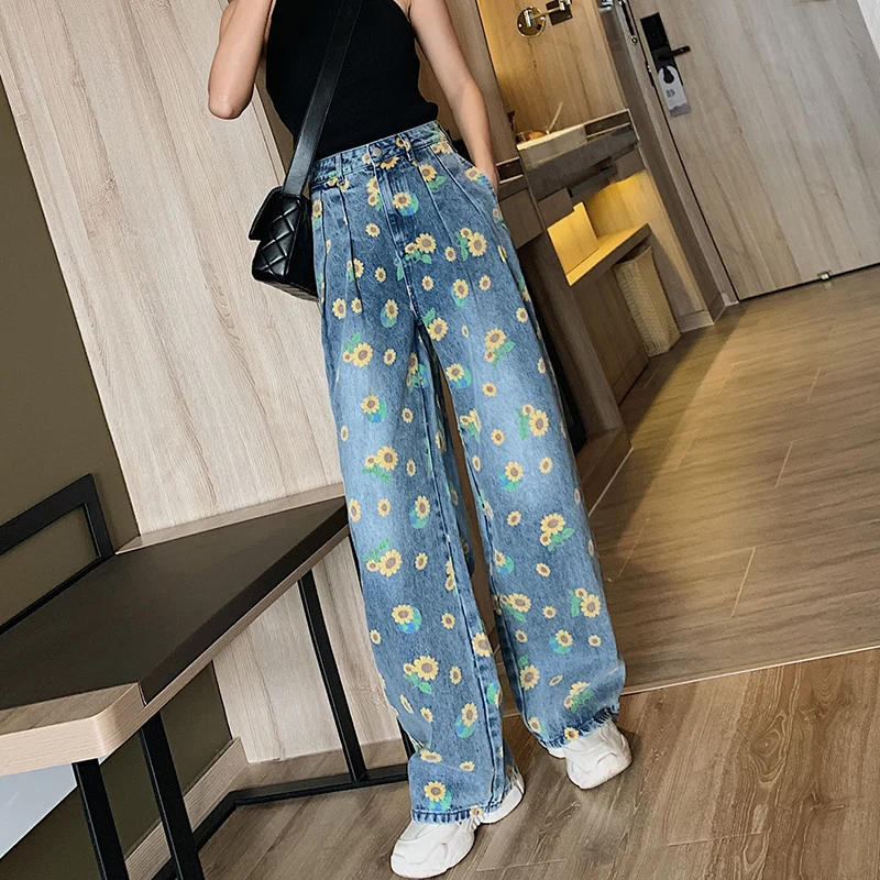 

Female Loose Streetwear Small Flowers Wide Leg Pants 2020 New Summer Casual Jeans Woman Long Trousers Cowboy