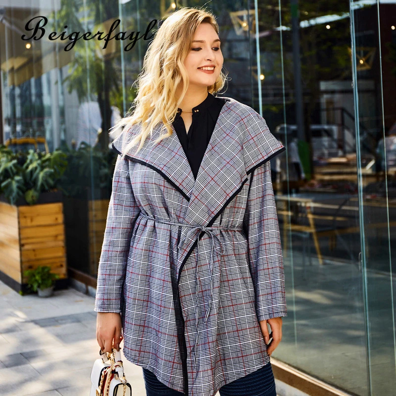 Beigerfayl Осенняя мода Feminina длинное пальто для женщин плюс размер плед Gabardina Mujer Invierno