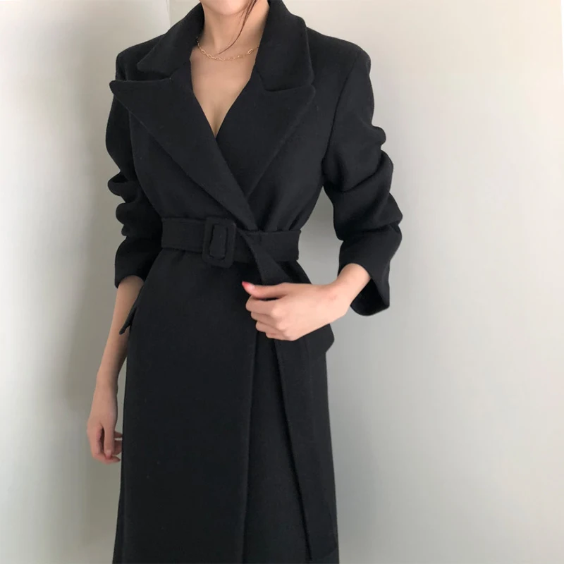 Женское Элегантное зимнее шерстяное пальто длинное Бандажное кардиган