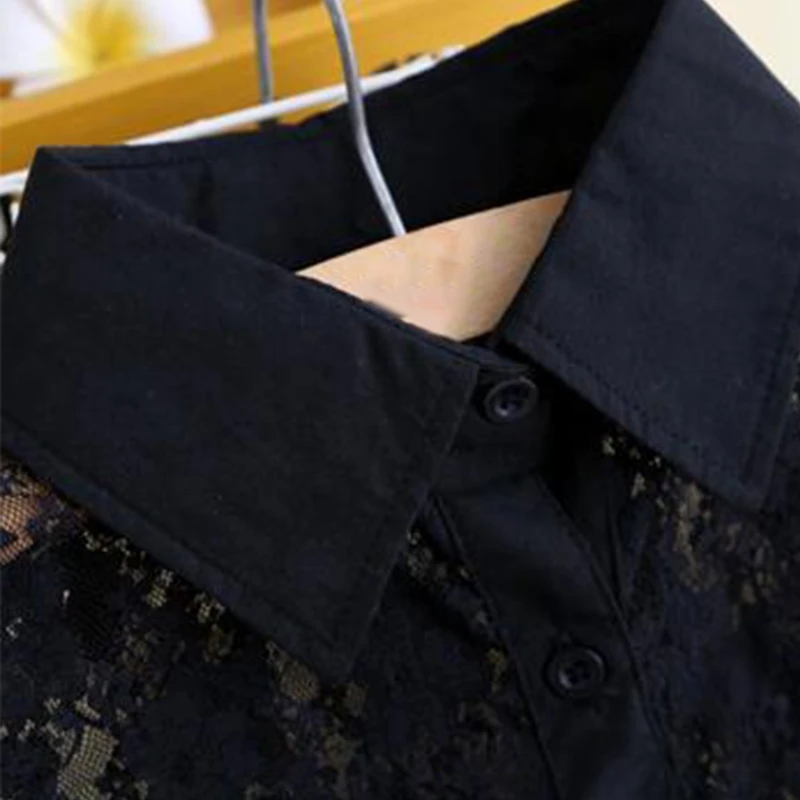 

Korean Women Detachable Half Shirt Blouse See-Through Floral Lace Button Down Decorative Lapel False Fake Collar Dickey