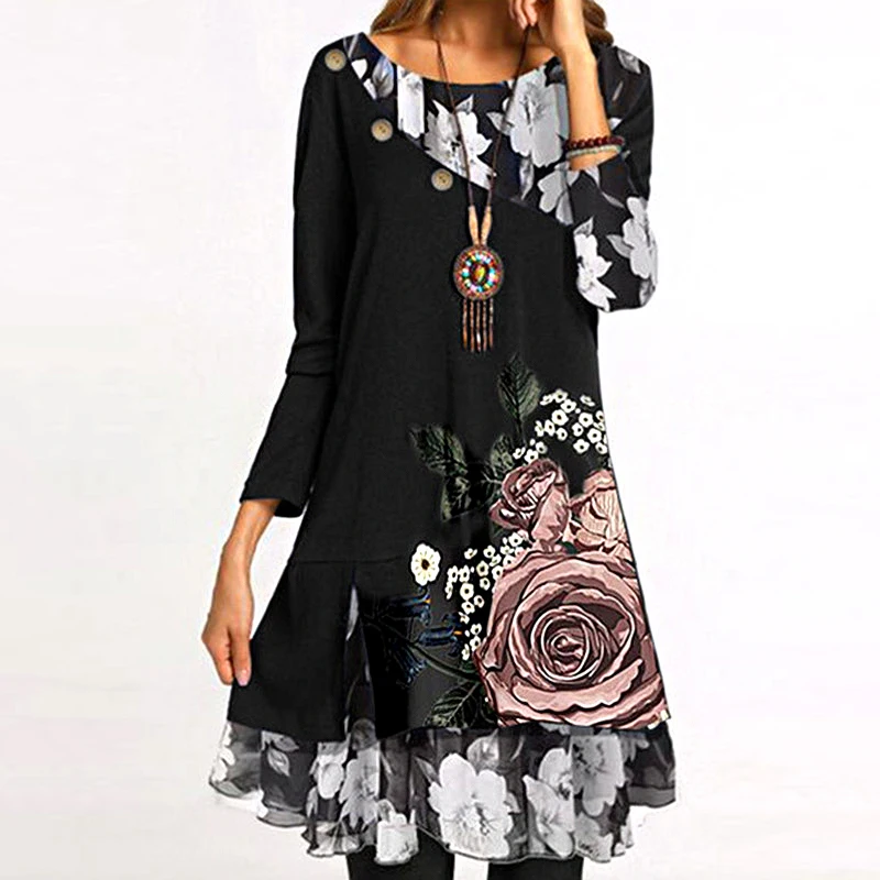

Women Elegant Vintage Flower Print Dress 2021 Spring New O-Neck Long SLeeve Party Dresses Ladies Casual Loose Patchwork Dress