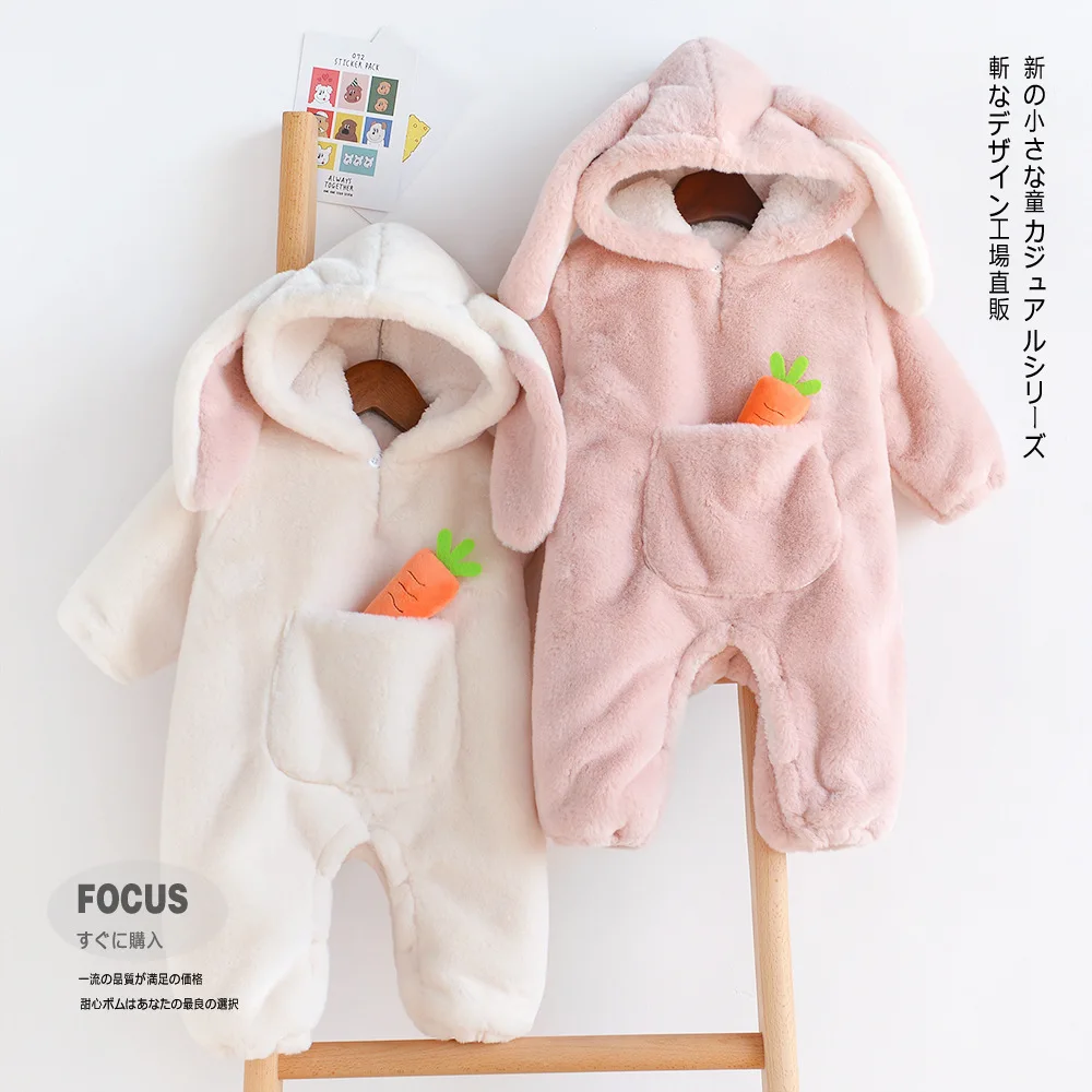 

2022 Children New Soft Baby Girl Jumpsuit With Big Pockets Baby Clothes Thickened Warm Cute Rabbit Ears With Carrots Romper