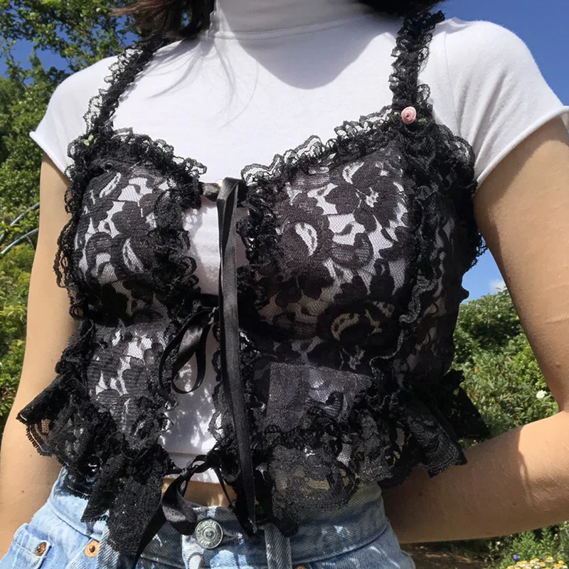 

Sexy exterior transparent lace tanks embroidery camis hollow sling vest female 2021 new summer women tops black lace Splicing