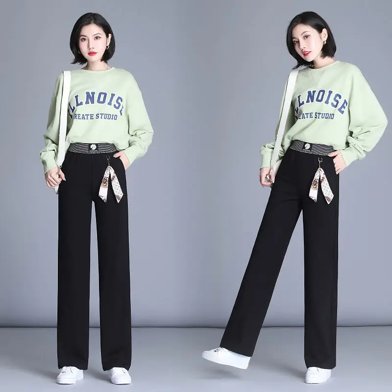 

Spring and summer new wide leg pants women's loose and thin black floor pants women's falling feeling large casual straight