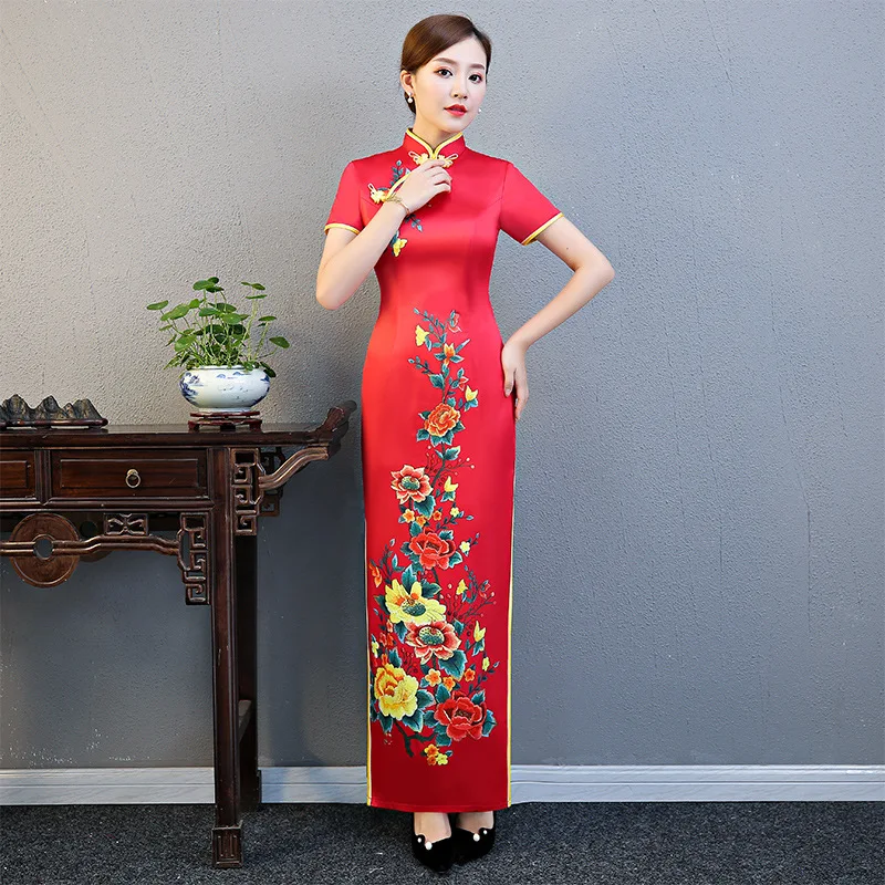 

Vintage Novelty Formal Chinese Style Women Mandarin Collar Short Sleeve Qipao Elegant Lady Red Floral Print Cheongsam Oversize 5