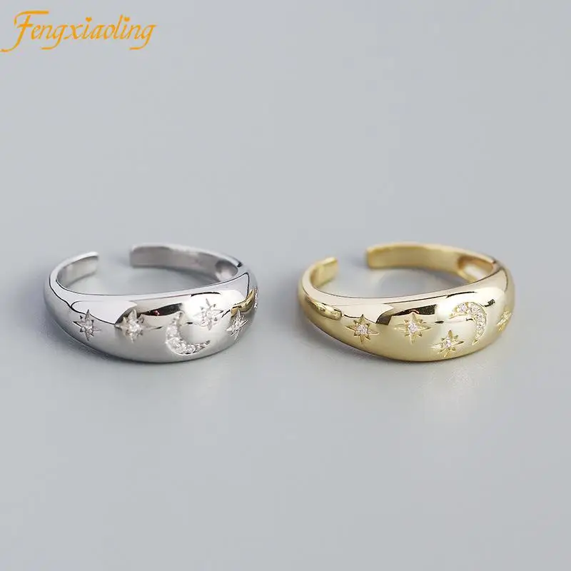 

925 Sterling Silver Zircon Star Moon Rings For Women Girl Trendy Wedding Bands Fine Jewelry Cute Accessories Gifts 2021 New