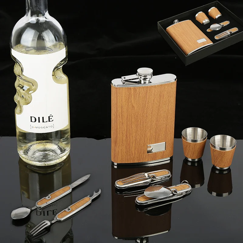 

Outdoor Camping 9 oz Hip Flask Set with Folding Spoon and Fork Portable Travel Stainless Steel Flagon Drinking Utensils