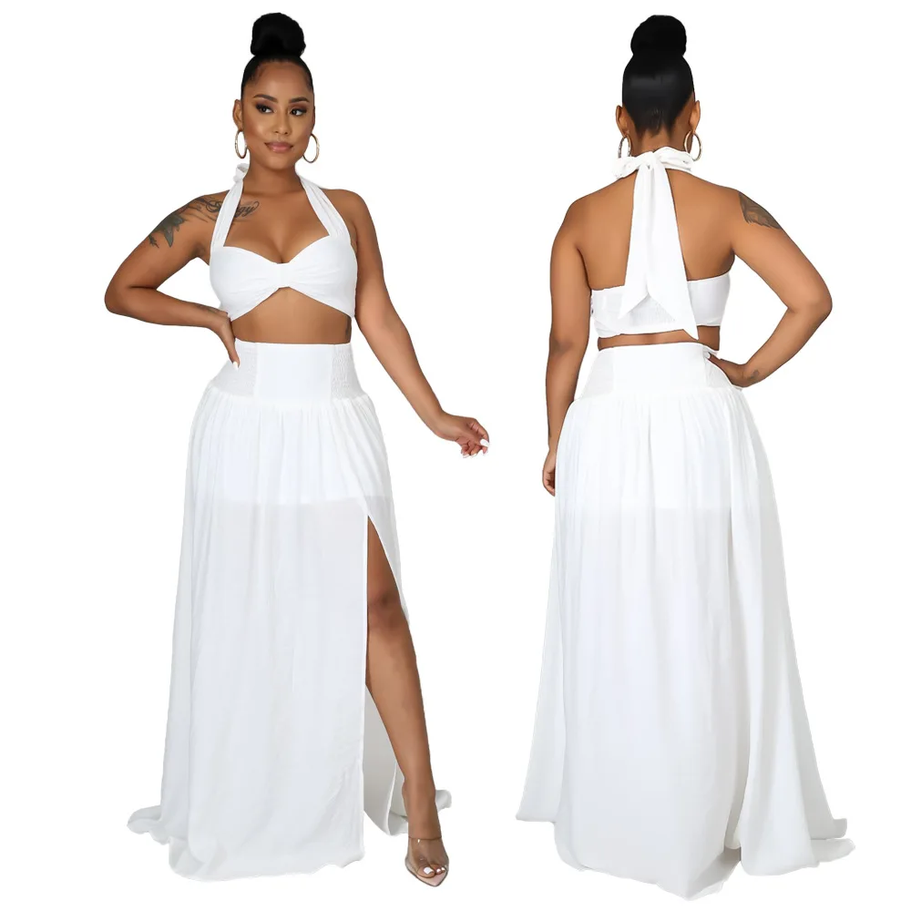 

Fashion Two Piece Women's Clothing Custom Sexy Sleeveless Tumbler Ultra Short Blouse Irregular Split Solid Color Skirt Suit