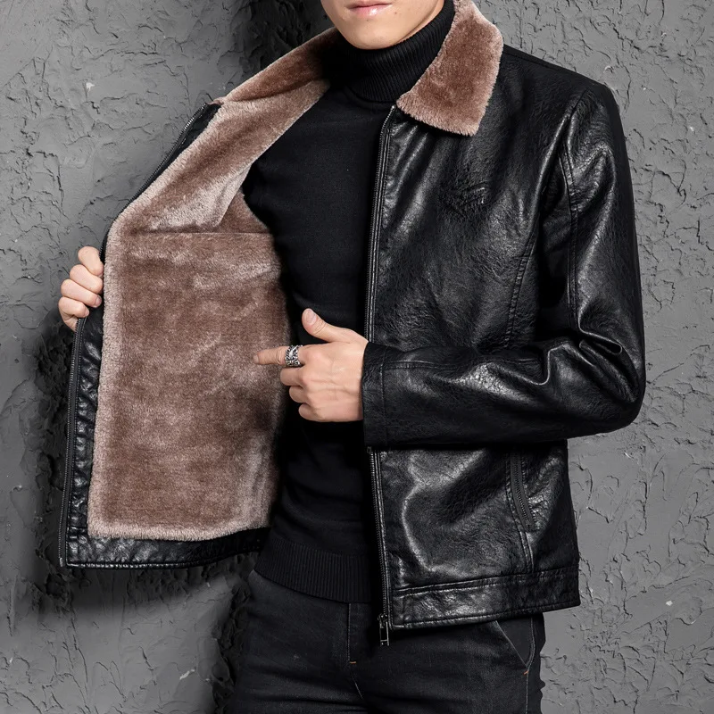 

Мужская кожаная куртка с мехом 2021, мужская куртка с лацканами для мужчин среднего и пожилого возраста, зимняя бархатная модная куртка из иск...