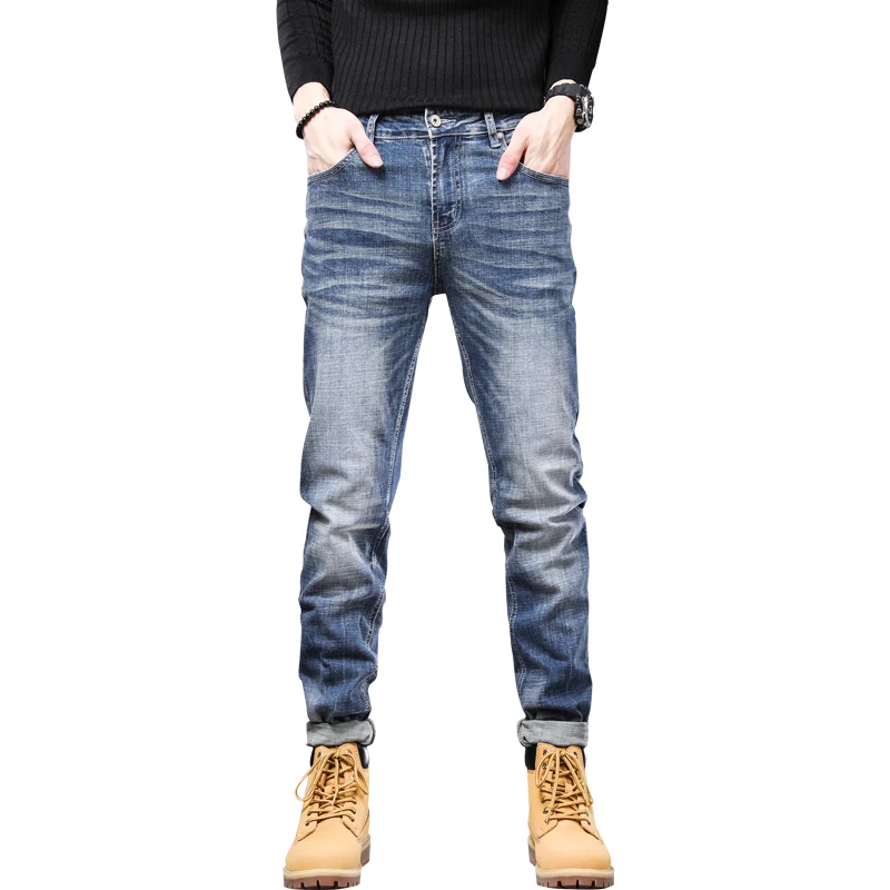 

Men Jeans Stretch Light Blue Slim Straight Autumn Winter Regular Fit Business Casual Men's Clothing Denim Pants Male Trousers