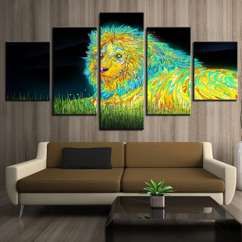 

5 Pieces Abstract Colorful Lion Canvas Paintings Home Decor Art For Living Room HD Posters Animal Framework Modular