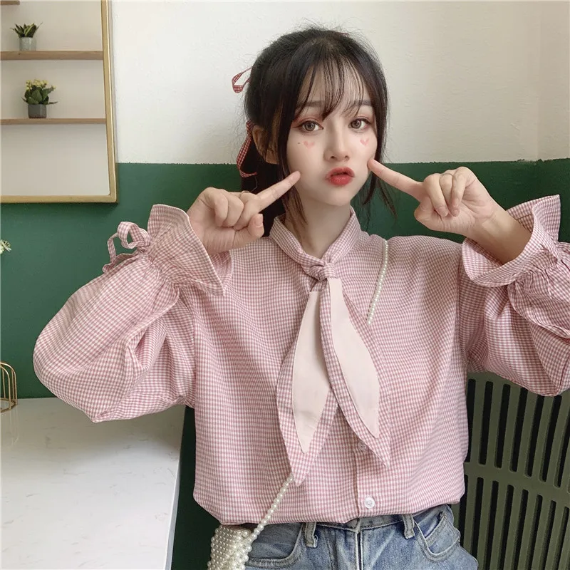 

Autumn Sweet Women Blouses Long sleeve Cute rabbit ears collar Pink plaid blouses Flare sleeve Sweet female tops