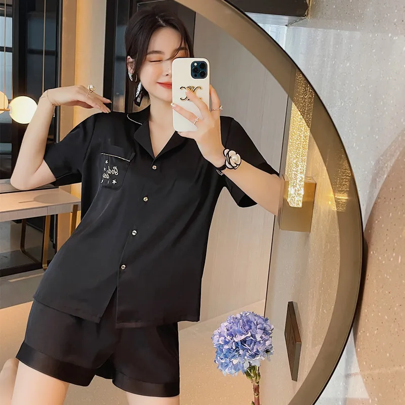 

Women Solid Color Short Sleeve Pajamas Set Summer Faux Silk Sleepwear Loungewear Loose Embroidery Home Clothes 2PCS Shirt&Shorts