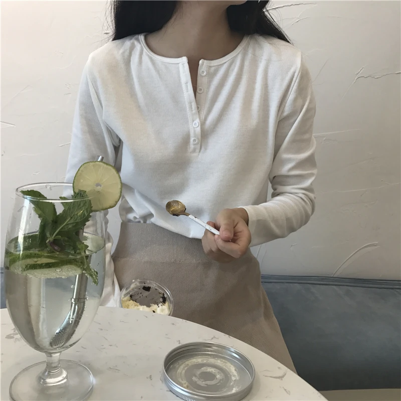 

2021 Spring Winter Korean Students New Bottoming T Shirt Loose Ribbed Solid Color Long Sleeve Tee Women's Trend Fashion Top