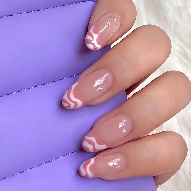 

24PCS Fake Nail Pink White Wave Print Decor Girls Long Paragraph Full Cover Fake Nail Tips Artificial Nails Art Patch with Glue