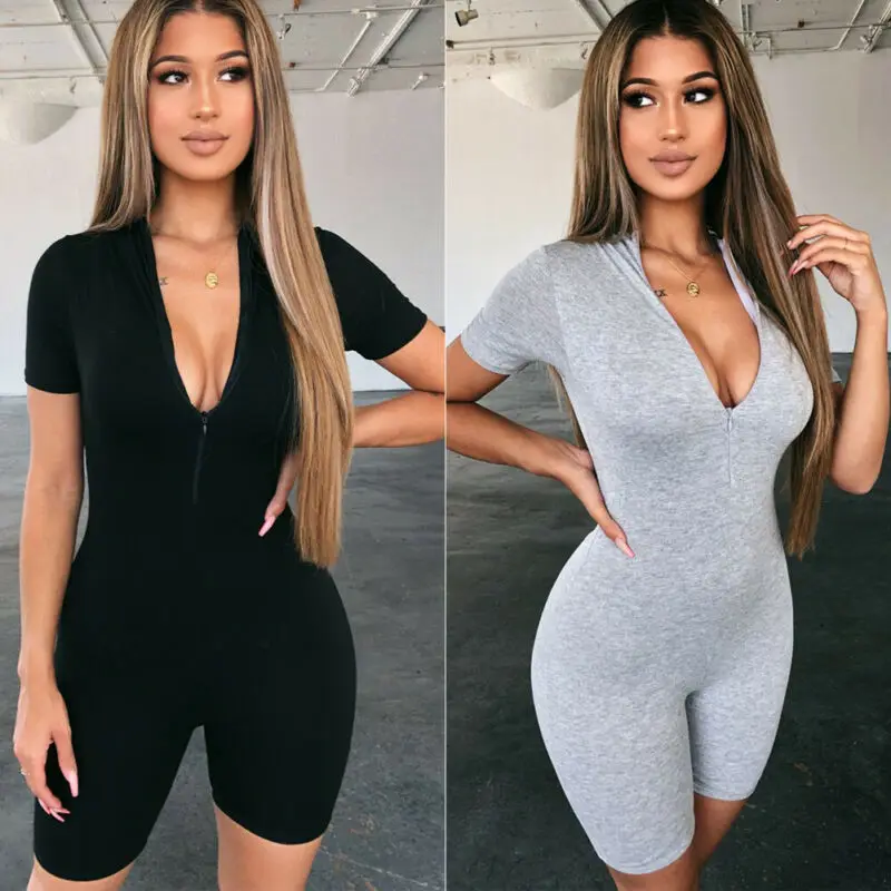 

Women Skinny Yoga Shorts Short Sleeve Playsuit Sexy Zipper Slim Solid Jumpsuit Female Stretchy Casual Sports Bodysuit Fitnees