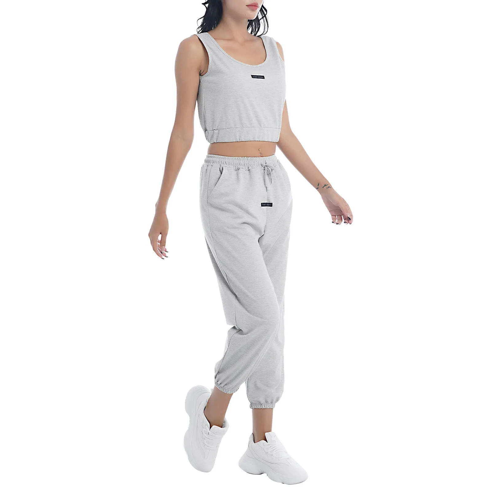 Women 2Pcs Pajama Set Cotton Sleeveless Cropped Top Vest with Drawstring Pants Pjs Sets Running Gym Yoga Fitness Sportswear