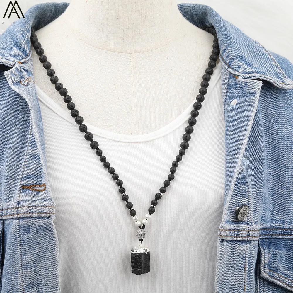 

Natural Black Tourmaline Chunky Beads 8mm Black Lava Beads Knot Handmade Necklace Long 32Inch Women Bohemia Jewelry N0500AMBE