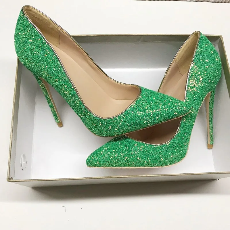 Зеленые блестящие туфли женские модельные на шпильке 12 см для ночного клуба