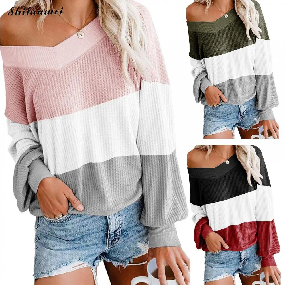 One Shoulder Autumn Oversized Sweater Women Striped Loose Knitted Women Sweaters 2020 New Long Sleeve Pullover Female Jumper Top black one shoulder long sleeves loose sweaters