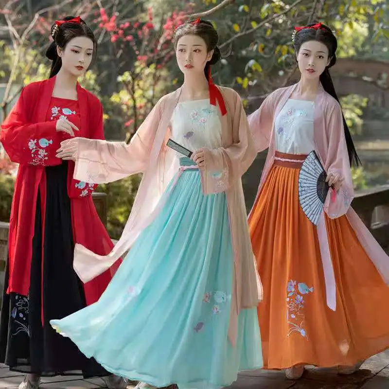 

Костюм женский Hanfu, летний костюм в китайском традиционном стиле, с вышивкой, синий пиджак, топ, штаны, косплей
