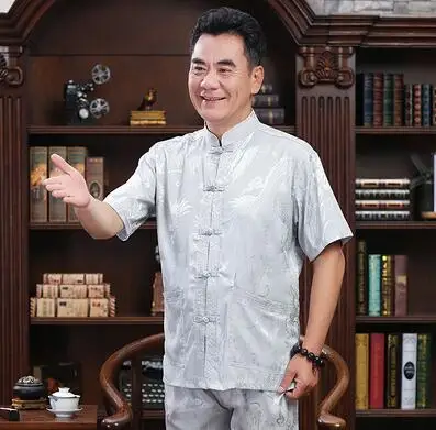 

Stand collar Middle-aged Tang suit men Buckle blazer Short sleeve silk casaco jaqueta masculina coats mens jacket Chinese style