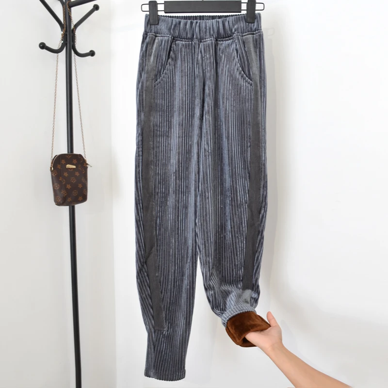 Женские шаровары в полоску вельветовые с высокой талией свободные плотные штаны