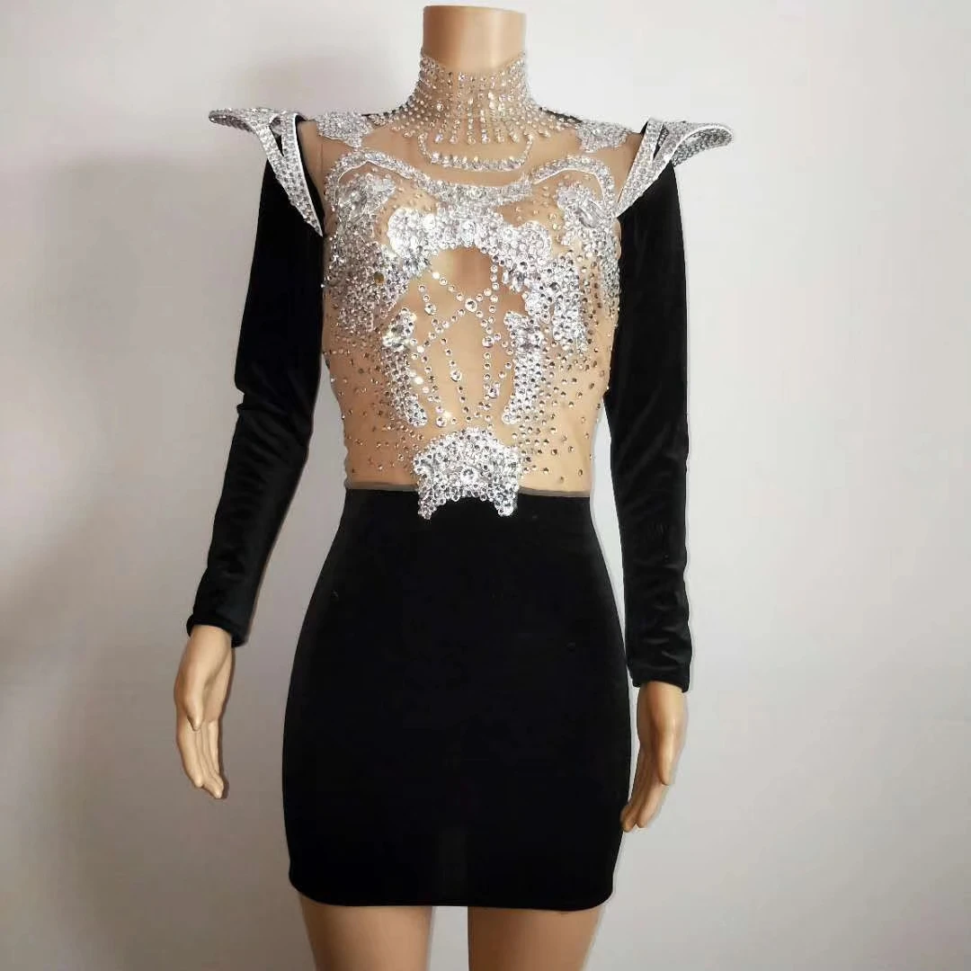 Sexy Perspective Rhinestone Party Club Dress Women See Through Mesh Patchwork Velvet Dress Birthday Prom Short Dress Stage Wear