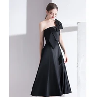 new black celebrity dress one shouler backless satin tea length a line pleated bow elegant banquet party evening prom gowns 2022