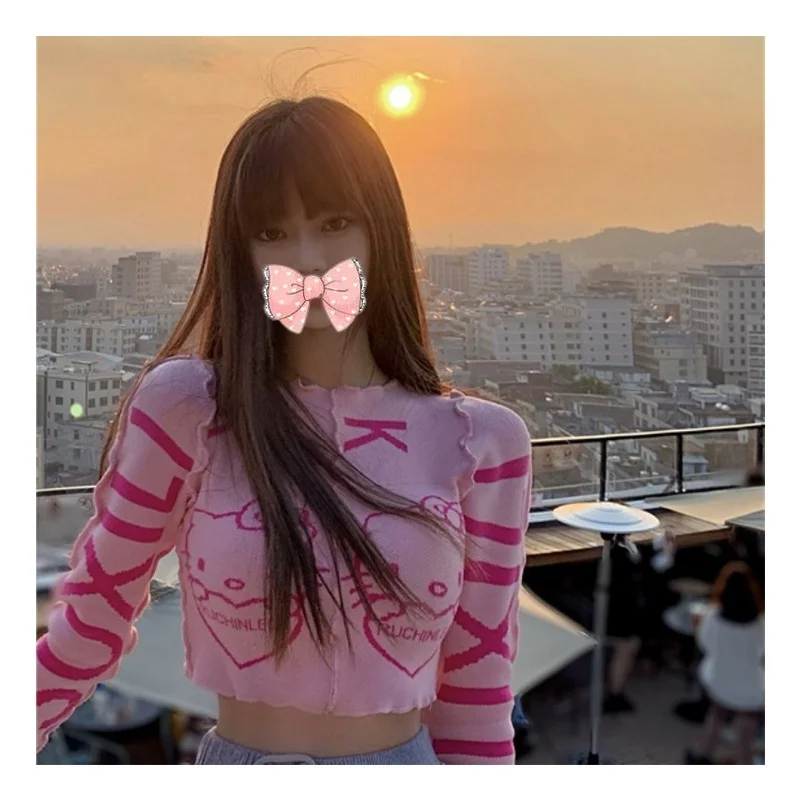 

Anime Cartoon Kitty Pattern Tight-fitting Sweater Knitwear Kawaii Sweet Girl Sweater Short Top Cute Pink Long Sleeve Sweater
