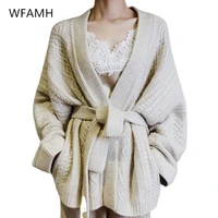 2021 new cashmere sweater knitted cardigan women loose belt sweater plus size autumn and winter wool coat thick coat polyester