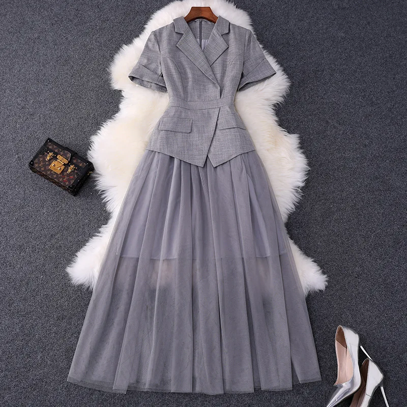 

Spot Goods 2021 Summer Women's New Suit Collar Short Sleeve Stitching Mesh Yarn False Two Pieces Long Dress Professional 86333