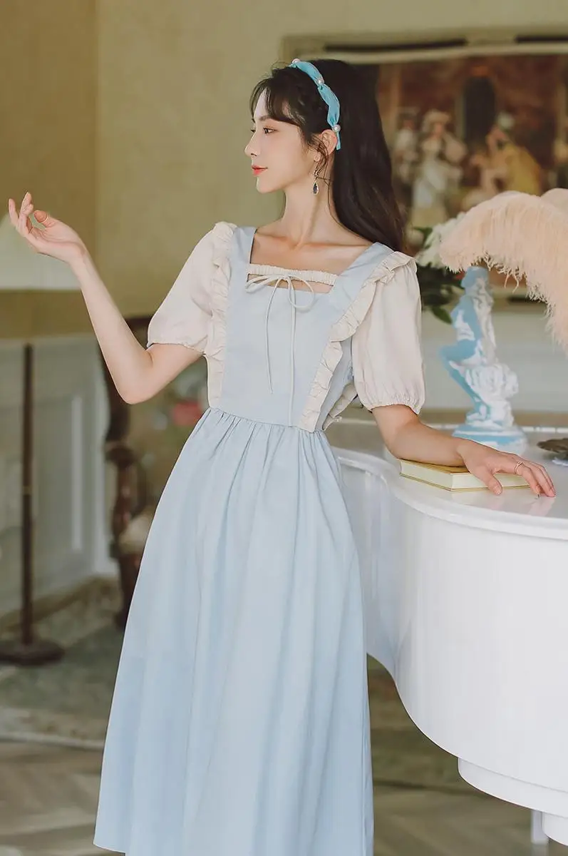 

COIGARSAM Short Sleeve Women One-Piece Dress Korean Summer Dresses Milk Blue Y80291