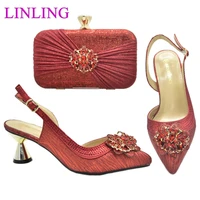 new arrival red color mid heels italian design nigerian women shoes and bag set decorated with narrow band and sweet