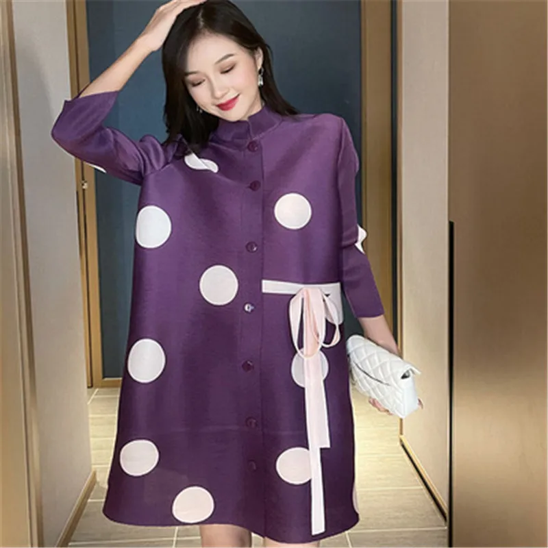 

Miyake Pleated Polka-Dot Jacket Dress 2021 Autumn New Button Cardigan Loose Large SizeThree Quarter Sleeve Dress