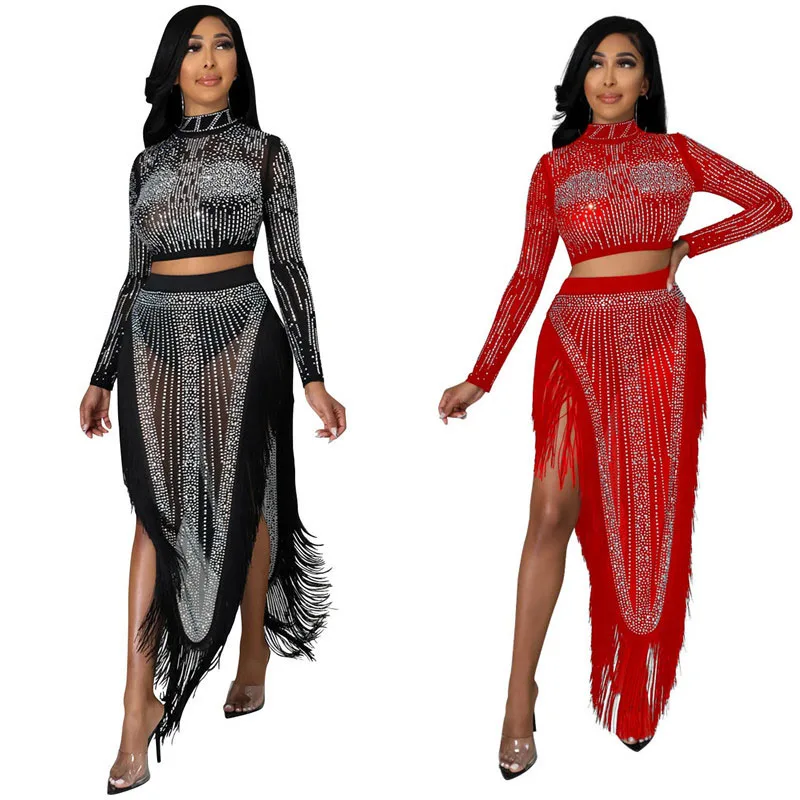 

KEXU Sheer Mesh Diamonds 2 Piece Women's Set Sexy Mock Neck Long Sleeve Crop Tops High Split Tassel Maxi Skirt Matching Sets