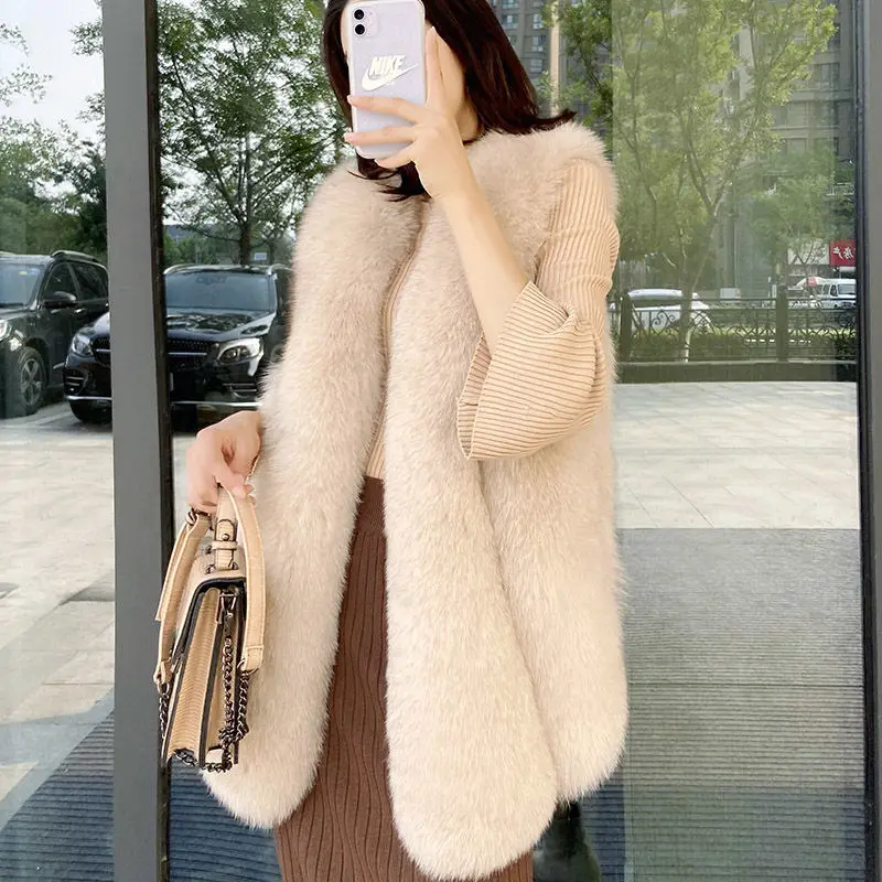 

Women Winter Warm Thick Faux Fur Vest Coat Female V-Neck Sleeveless Long Furry Vest Jacket Fashion Faux Fox Fur Waistcoat D68