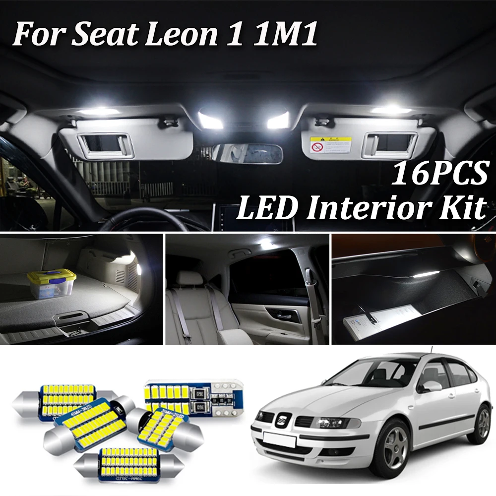 

16 шт. белый безошибочный Canbus для 1999-2006 Seat Leon 1 1 м 1M1 светодиодный интерьер Карта Купол ствол дверь светильник + номерной знак лампа комплект