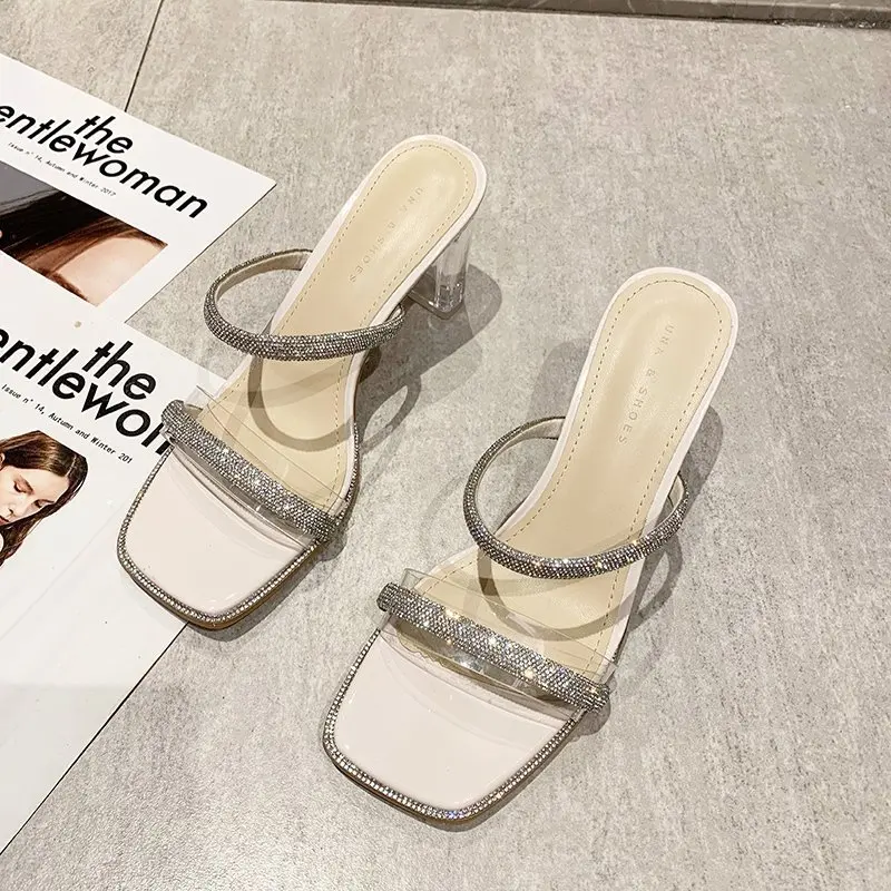 

Transparent high-heeled shoes women's sandals summer 2021 new wear diamond thick heel sandals middle heel fashion crystal