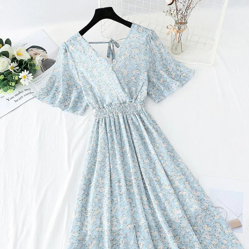 

Vintage Floral Print Women Dress Summer 2021 Short sleeve Boho Backless Beach Long Dress Sexy V-neck Chiffon Dresses Robe