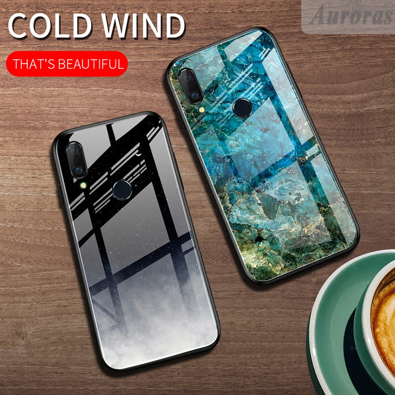 Чехол из закаленного стекла Auroras для HUAWEI Y MAX мраморный принт мягкая рамка ТПУ