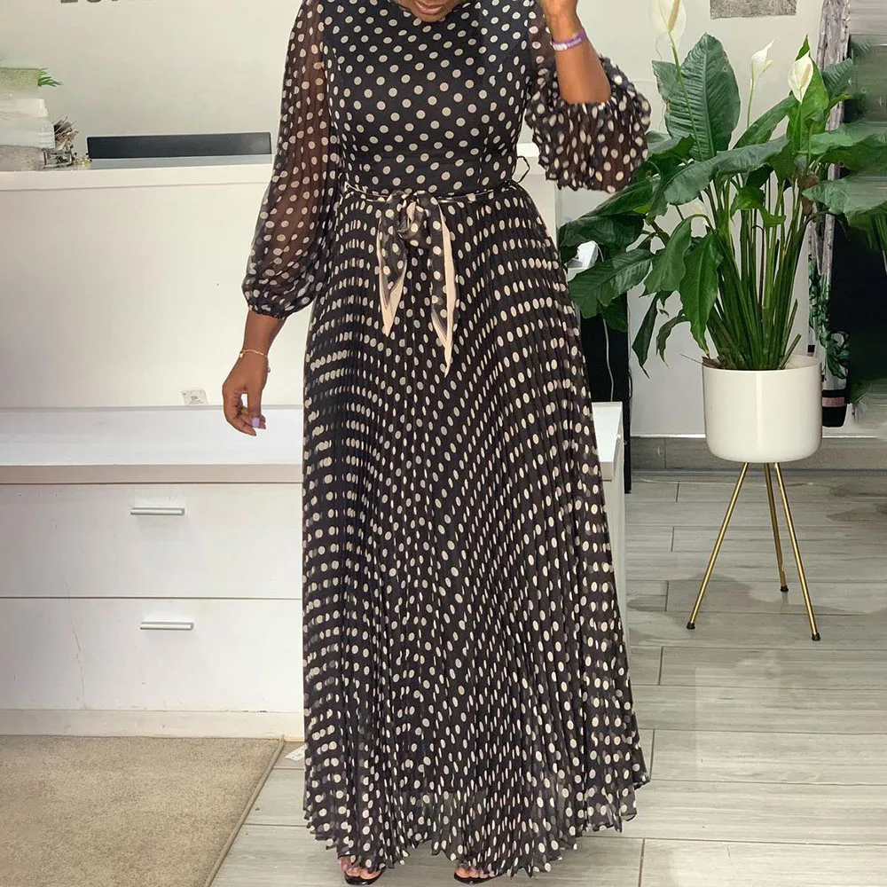 

African New Wave Point Printing Chiffon Women's Dress Fashion Summer 2021 Western Style Creasing Round Neck Long Sleeve Casual