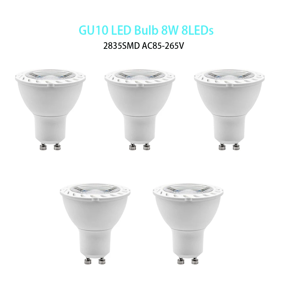 

GU10 LED Lamp 8W 8LEDs Super Bright LED Spotlight AC85-265V 2835 SMD Cold Warm White No Flicker Downlight Lampada LED Bulb 5Pcs