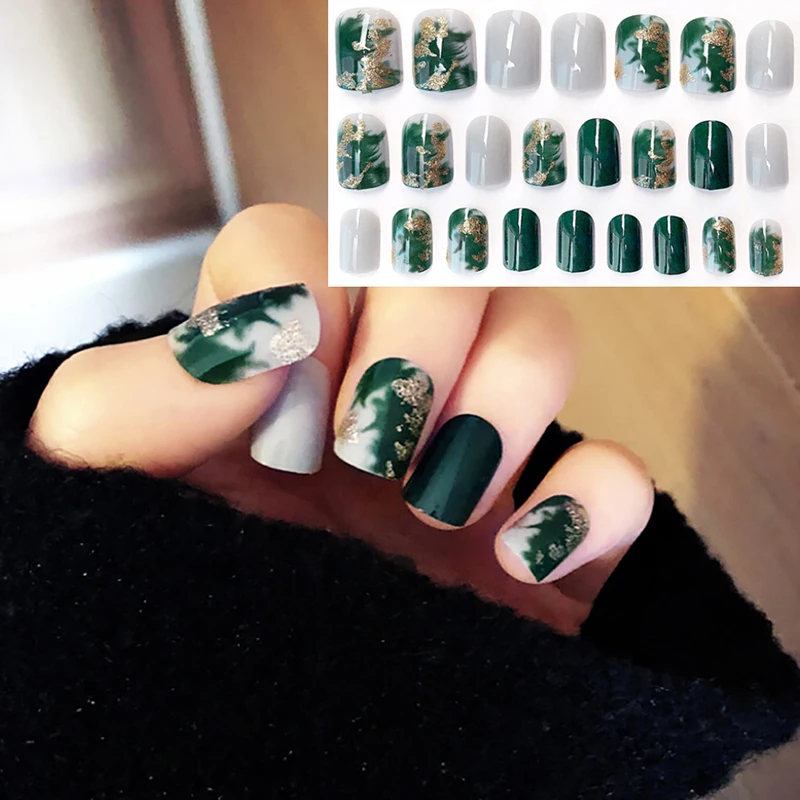 

24Pcs Rendering Green Style Full Cover Fake Nails Short Press On Nail Sticker