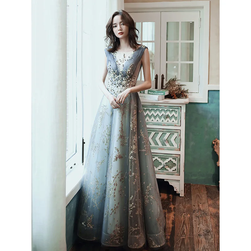 

Женское сексуальное вечернее платье с V-образным вырезом, изысканное китайское платье с аппликацией, синее платье-Ципао, платье-макси, вечер...
